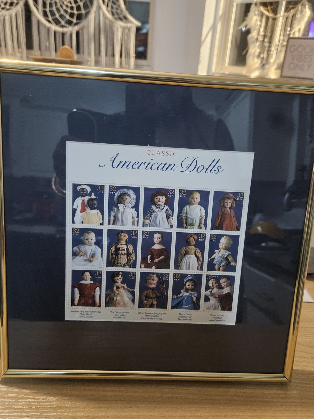 Classic American Dolls Framed Stamp Art - Navy Mat, Gold Frame